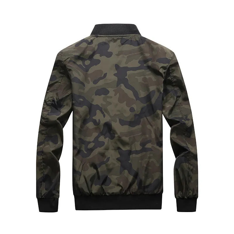 Men's camouflage bomber jacket with stand collar, zip front, long sleeves, and welt pockets in army green