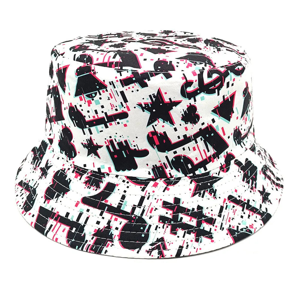 Bucket hat with musical note pattern in retro style, dome crown construction, polyester fabric