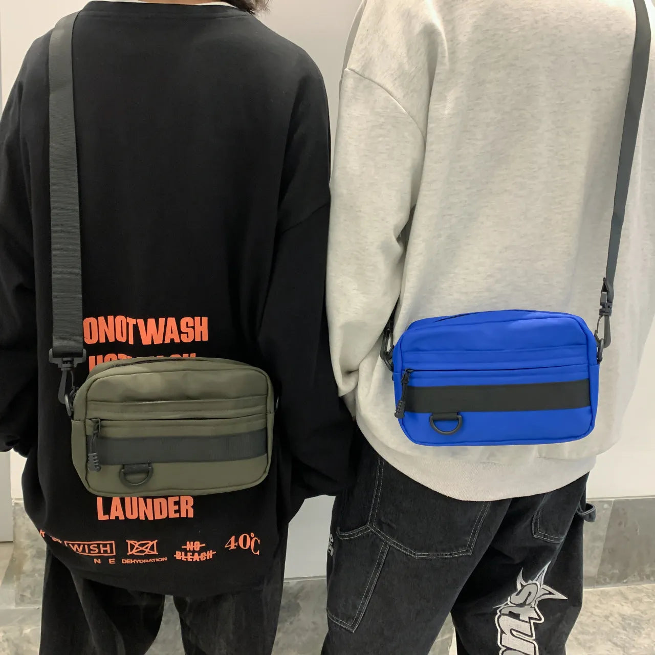 Men's street trend messenger bag in nylon available in black, blue, green or white