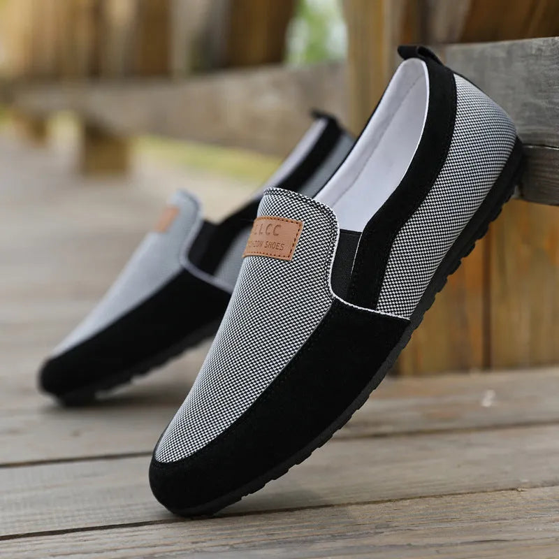 Men's grey and khaki canvas casual shoes with round toe design and rubber soles