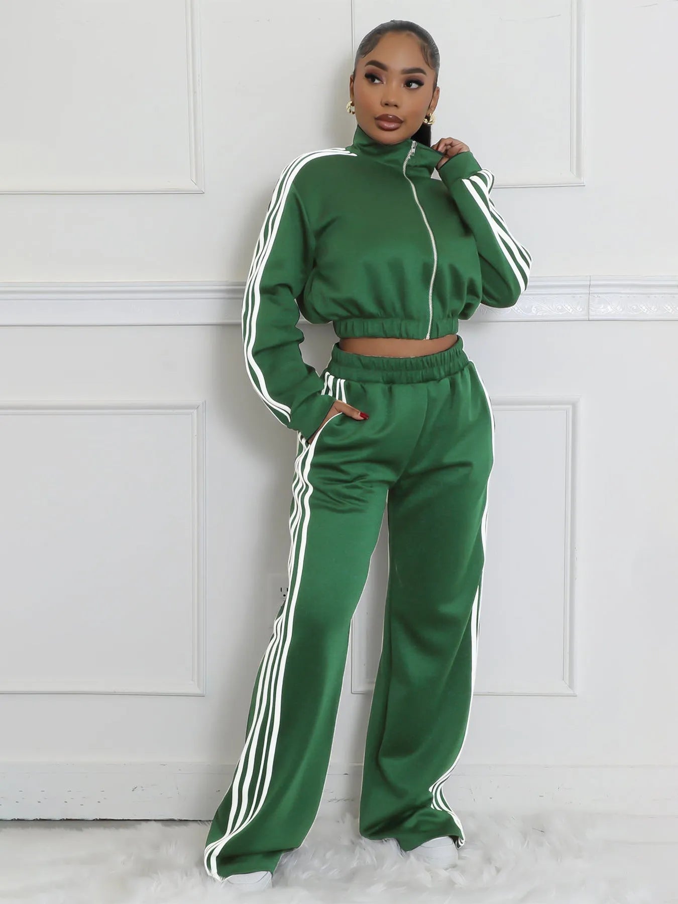 Striped suit zipper thickening sweater two-piece set in polyester fabric with street hipster styling