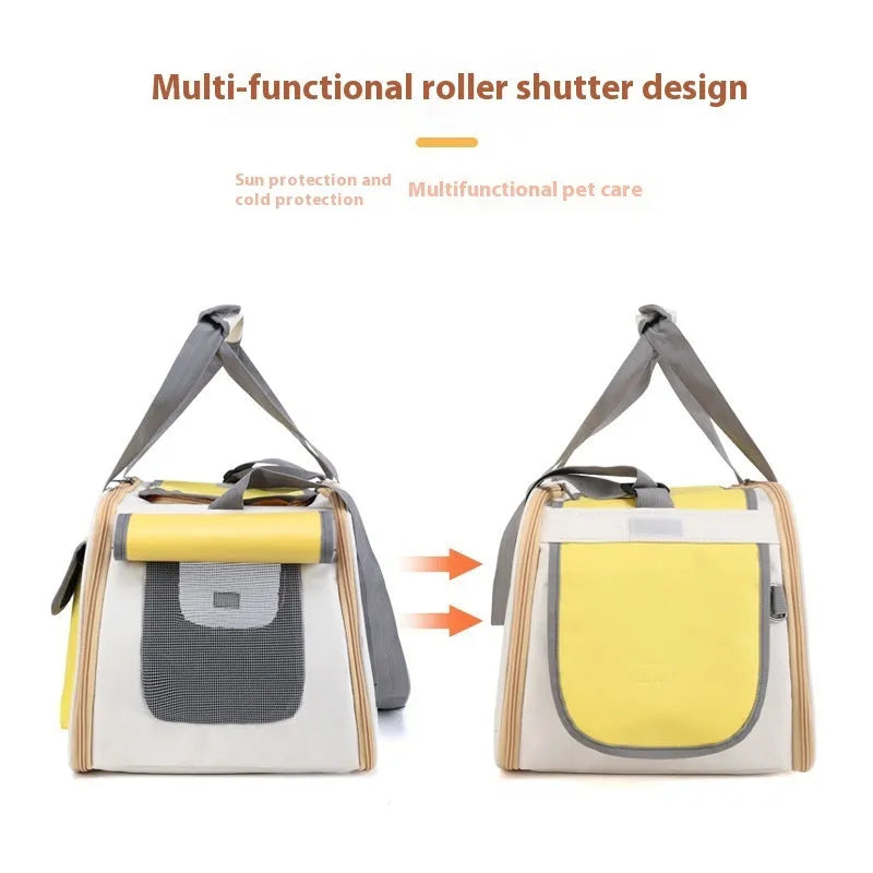 Foldable single shoulder pet carrier bag in canvas material showing large capacity design