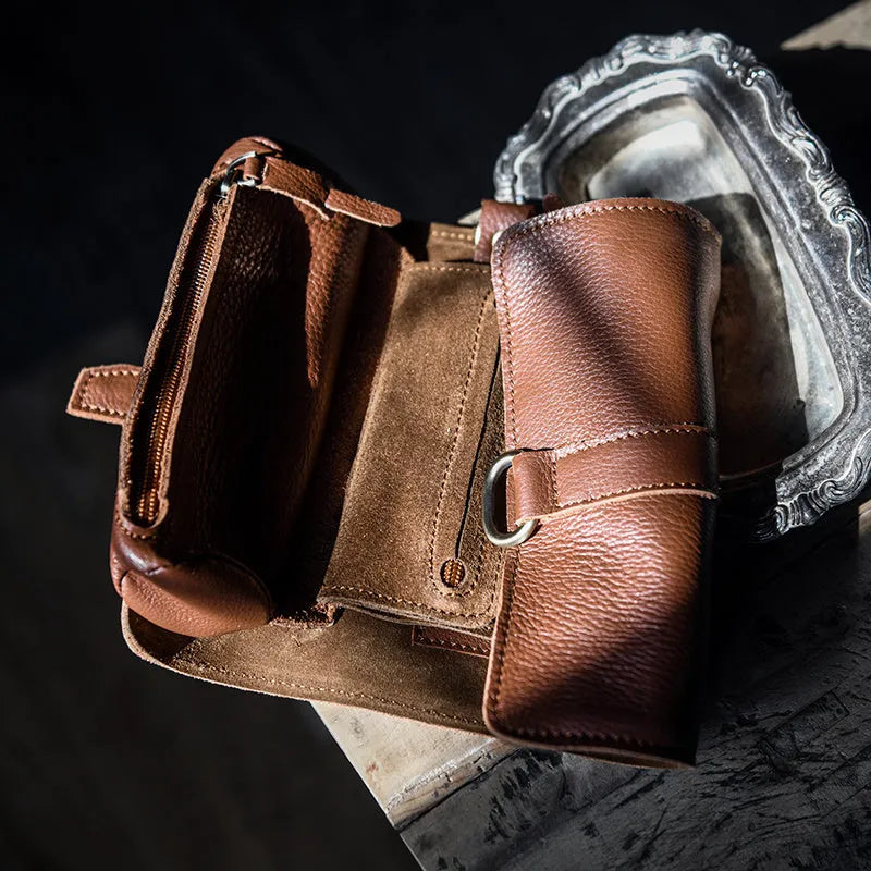 Handmade cow leather vintage wallet showing tape extraction closure in black colour