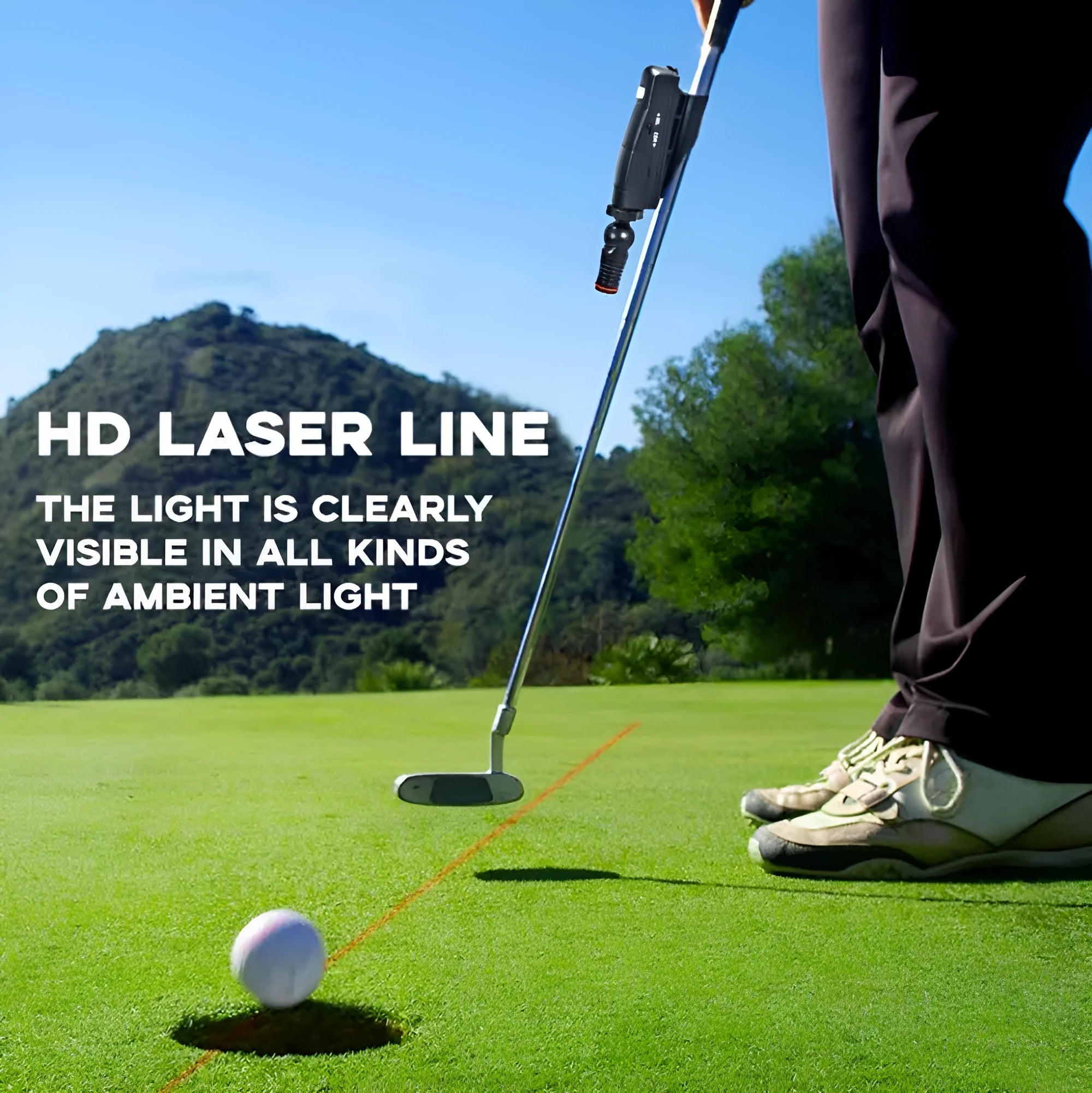Black golf putter laser aiming sight accessory mounted on club shaft