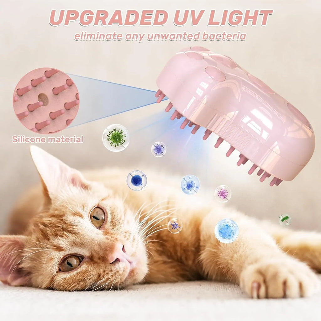 Self-cleaning cat steam brush with silicone brush head and release button for pet grooming