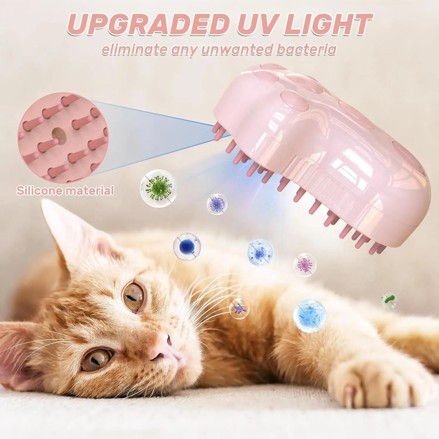Self-cleaning cat steam brush with silicone brush head and release button for pet grooming
