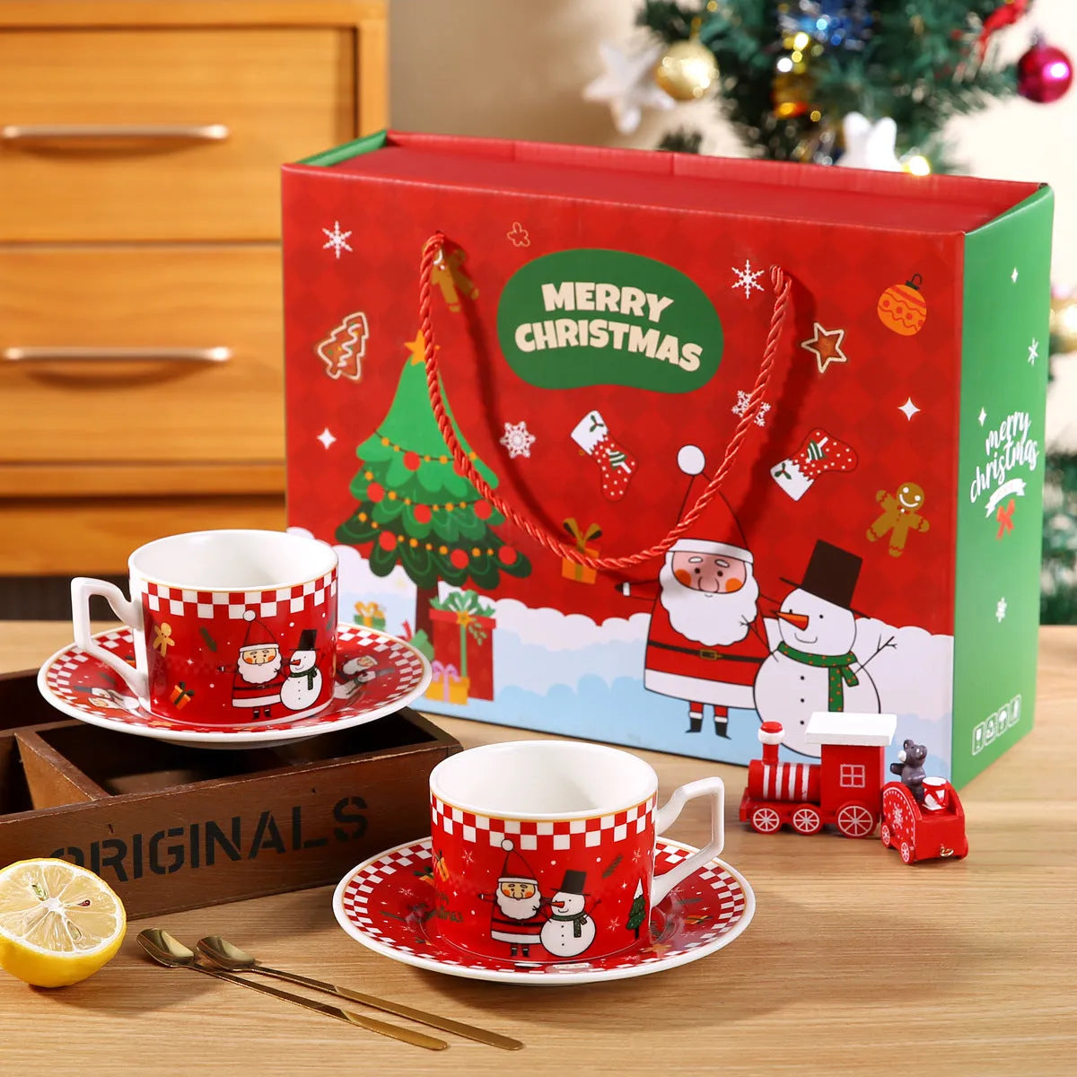 Nordic Santa Claus ceramic coffee mug set with cartoon pattern, 200ml capacity, and matching stainless steel spoon