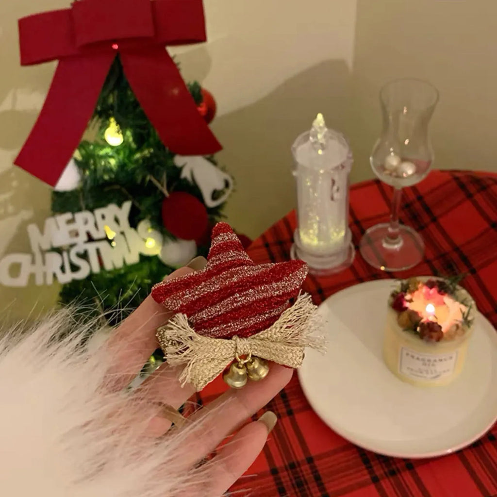 Red handmade plush Christmas headband with jingling bell for women, ins style hair accessory