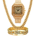 Gold Roman numeral quartz watch with diamond studs and black mesh band, with matching bracelet and necklace.