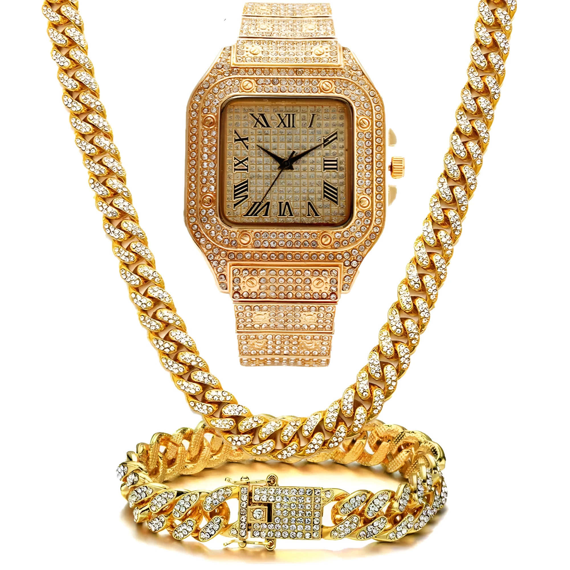Gold Roman numeral quartz watch with diamond studs and black mesh band, with matching bracelet and necklace.