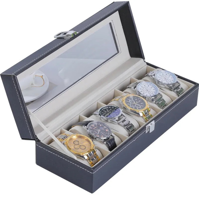 Grey leather watch storage box with transparent dustproof lid showing multiple capacity size options