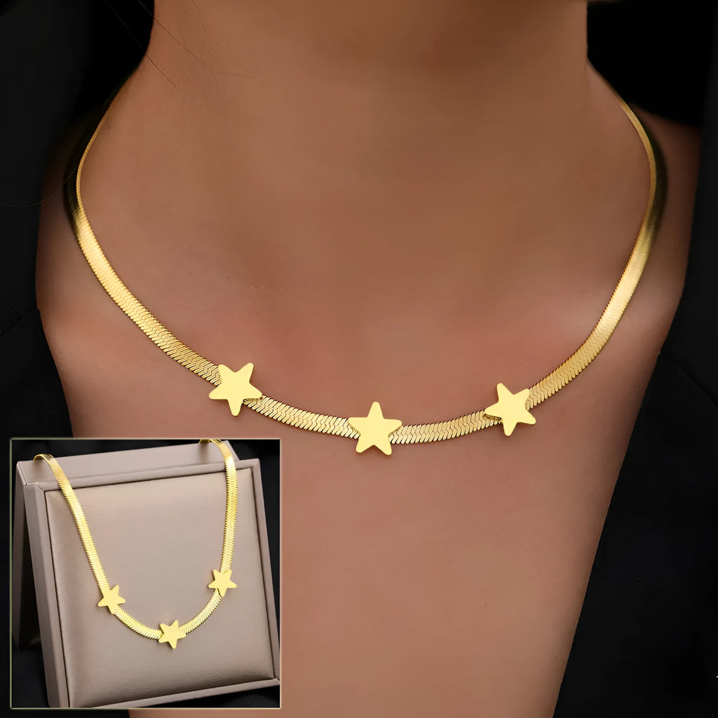 Gold titanium steel star pendant necklace on gothic snake chain with adjustable fit 41-50 cm