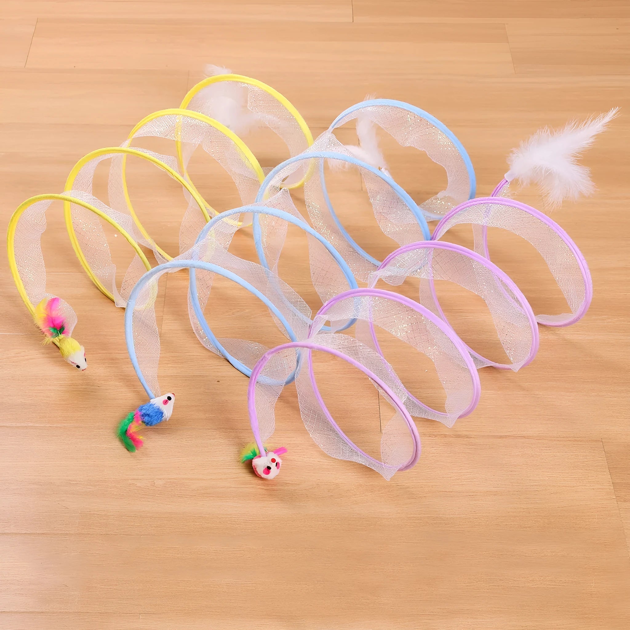 S-type cat tunnel toy with steel frame, elastic mesh, and feather attachment for feline enrichment