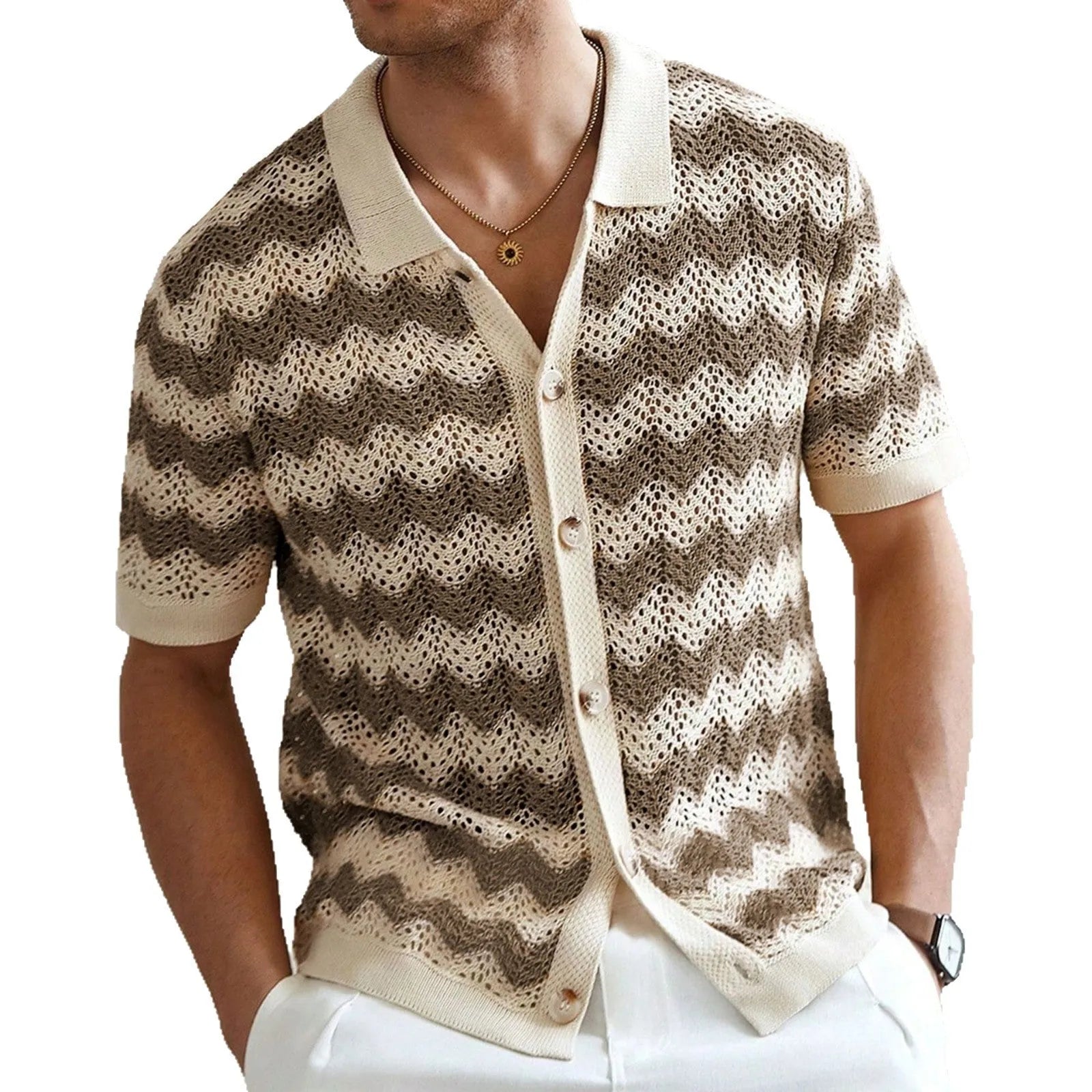 Short sleeve corrugated pattern sweater in blue colour with textured jacquard construction
