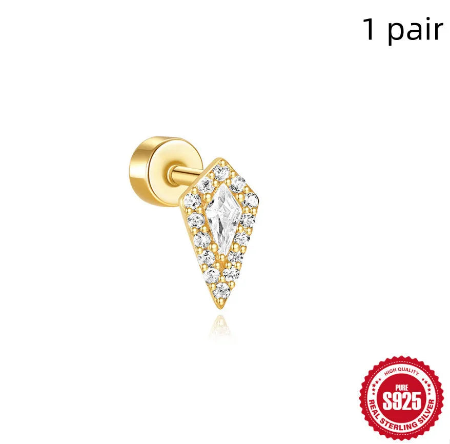 S925 sterling silver geometric flat column thread ear bone studs in gold plating.