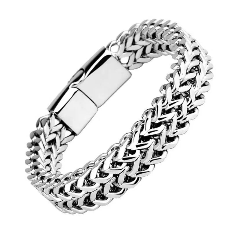 Silver titanium steel geometric hip hop bracelet showing front and back design with chain links