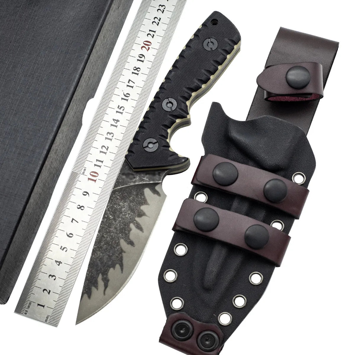 Portable camping knife with black handle and 100mm blade on plain background