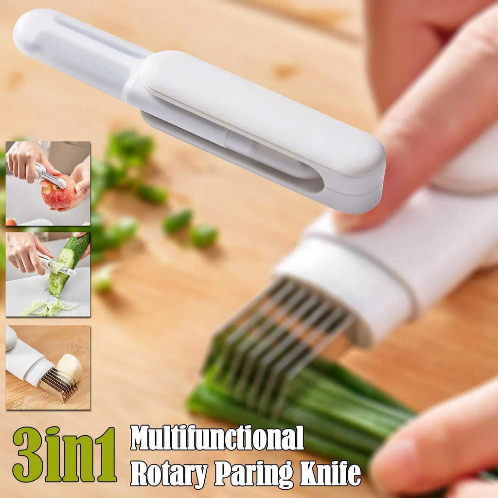 White 3 in 1 rotary paring knife with 360 degree rotating stainless steel blade on a kitchen counter