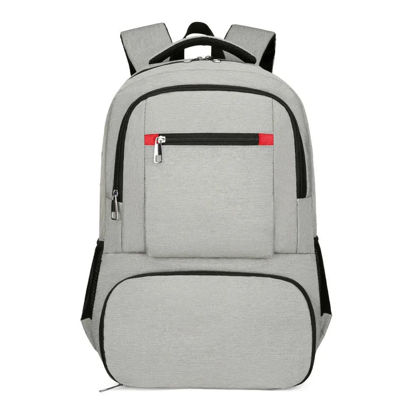 Oxford cloth insulated picnic backpack with curved straps, shown in light grey colour with pull rod belt attached.