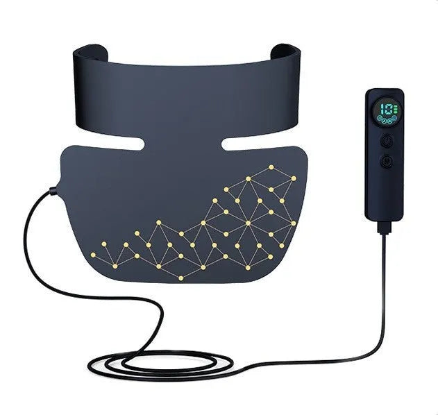 Black LED photon therapy mask with neck extension for facial skincare treatment