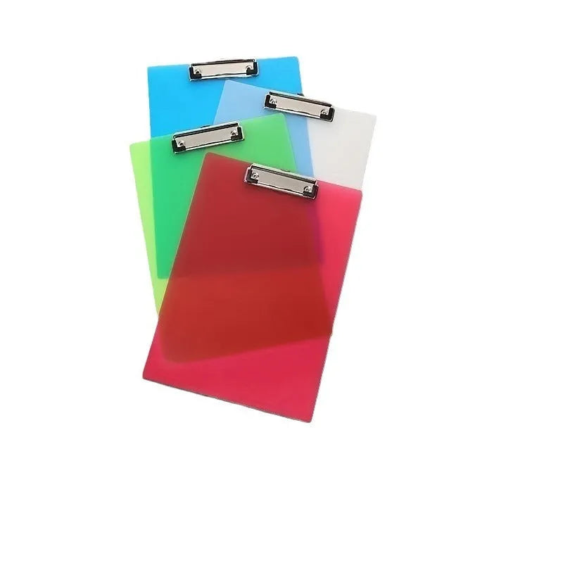 Transparent A4 clipboard with metal clip holding white paper, available in blue, green, red, and white.