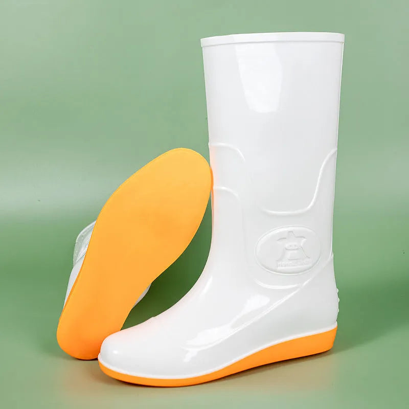 Flat washable rain boots for men white yellow plastic labour protection waterproof high cylinder round toe