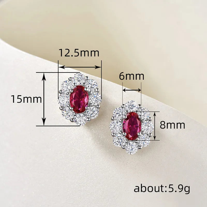 Simulated ruby oval earrings for women with zircon inlay and copper construction