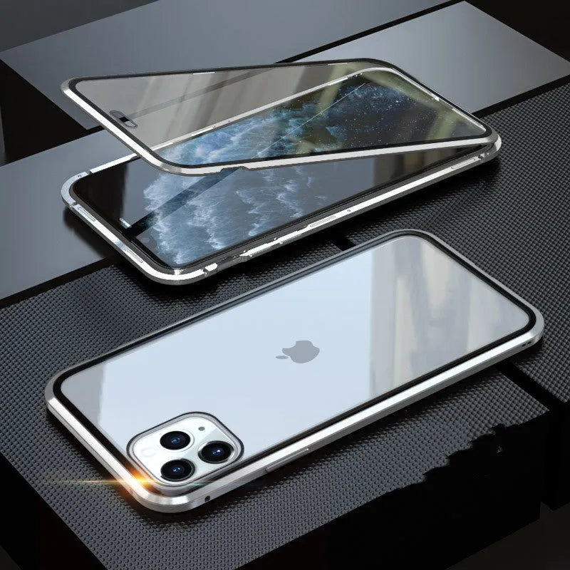 Glass anti-spy phone case with closed clamshell design showing geometric styling