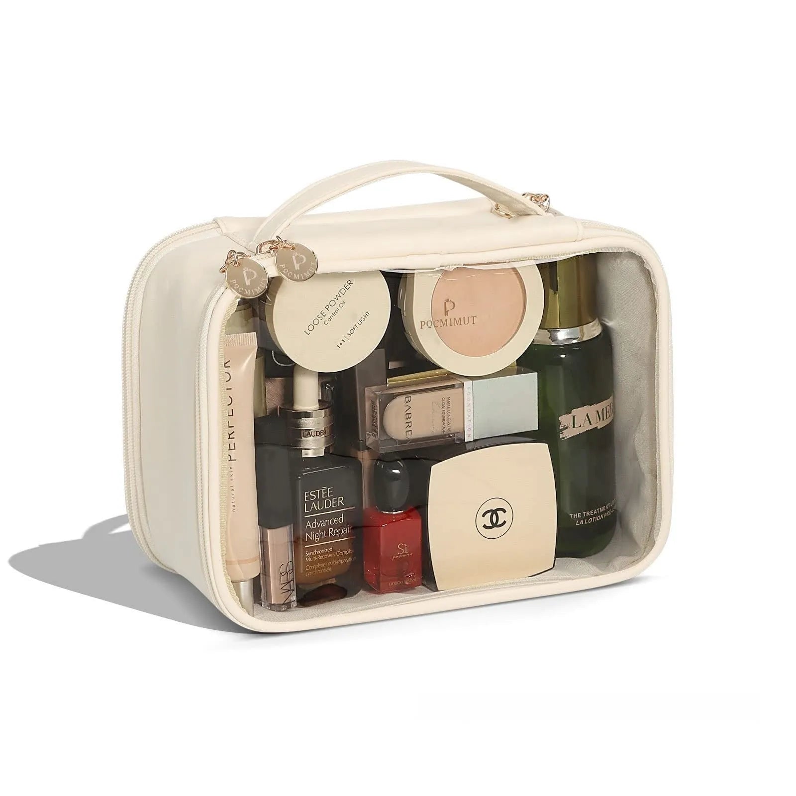 Clear PVC cosmetic bag with waterproof lining shown in a beige colour option.