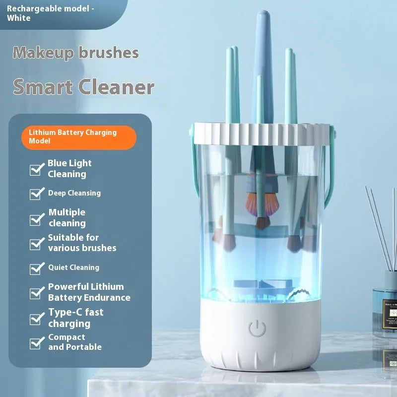 White rechargeable electric makeup brush cleaner with 24 cm plastic housing and USB cable