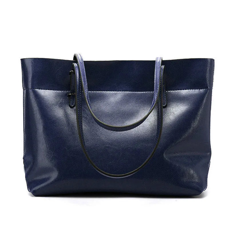 Wax cowhide leather handbag with horizontal design and two compartments