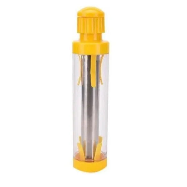 Yellow cylindrical corn stripper tool with stainless steel threshing mechanism