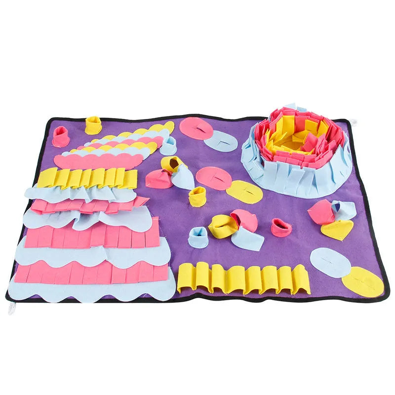 Large purple needle felt dog sniff pad with folds for hiding treats, measuring 70 by 50 centimetres