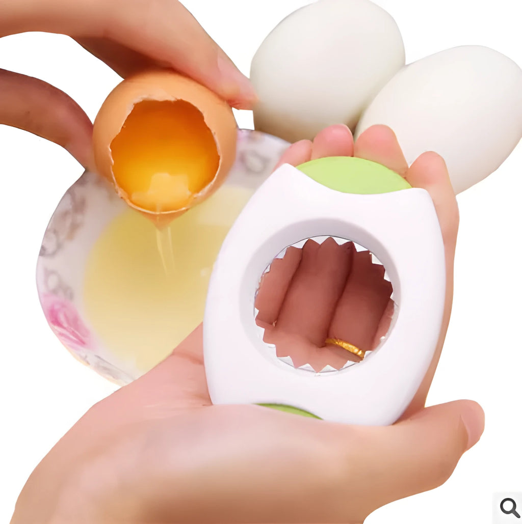 Kitchen egg topper gadget in blue with stainless steel cutting edge on suction card packaging