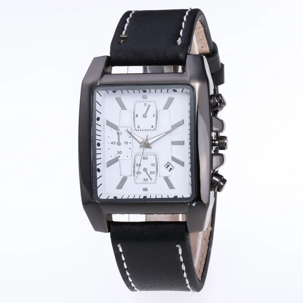 Men's quartz analogue watch with leather band and metal case, easy to read dial