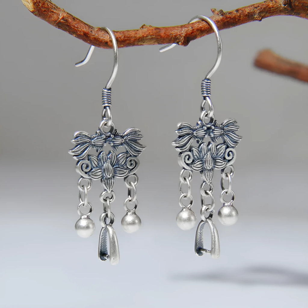 925 silver koi fish earrings handmade retro ethnic style ear hook women's sterling silver jewellery