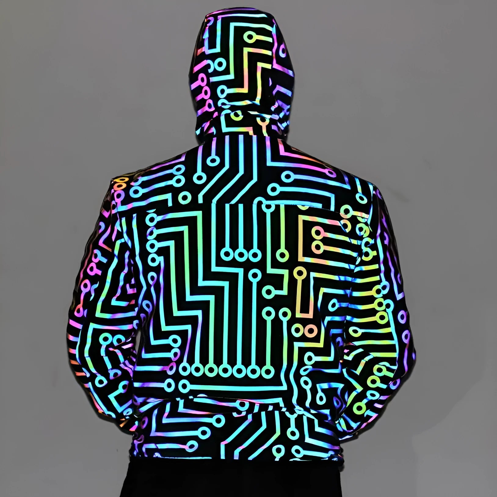 Unisex black reflective hooded jacket with straight hem, 95% polyester, available in sizes M to 3XL for dance