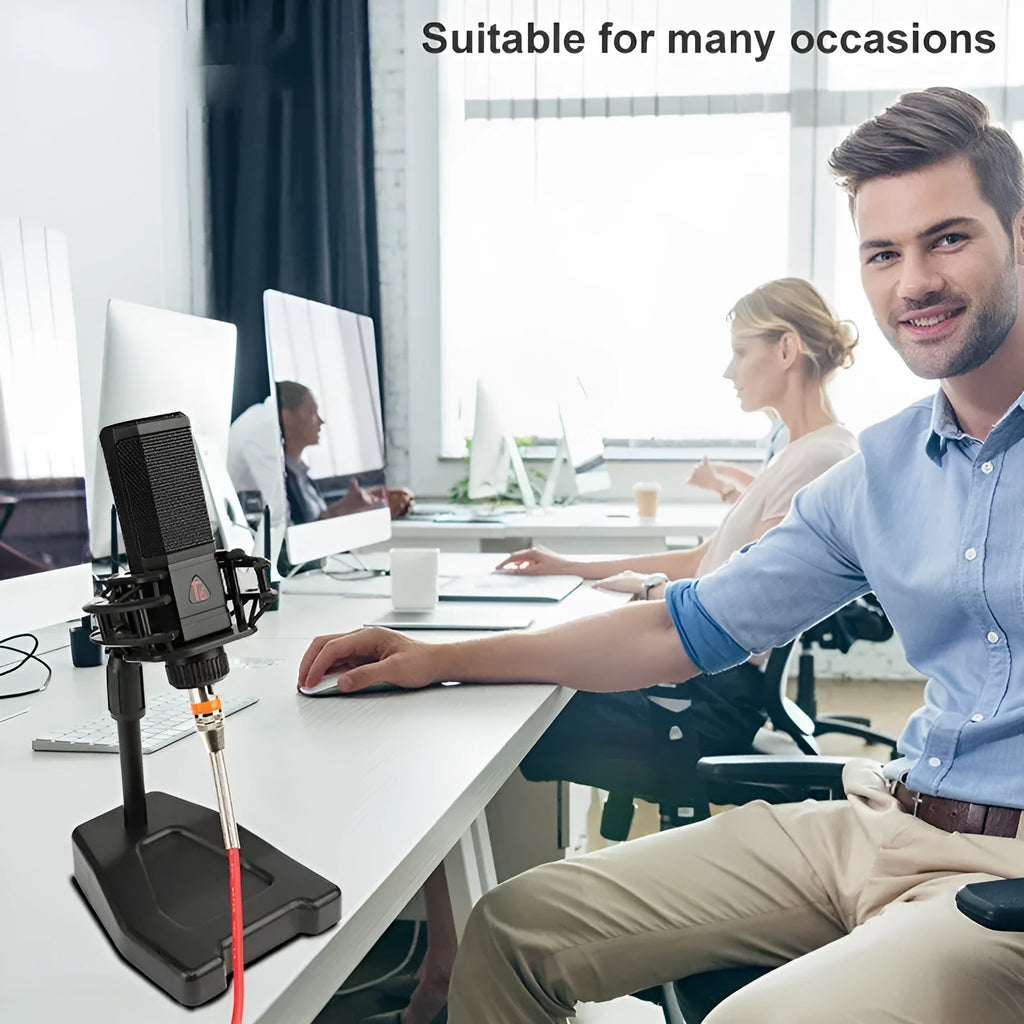 Black condenser wired noise cancelling microphone with shockproof mounting and cable for recording