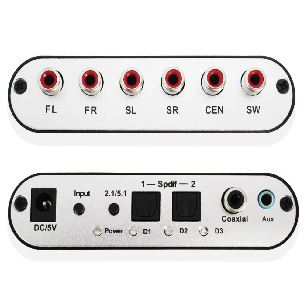 Black DTS Dolby Digital audio decoder with optical, coaxial, and stereo input ports on the rear panel.