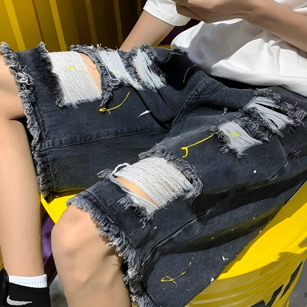 Men's loose fit water washed hole denim shorts in black and light blue colours