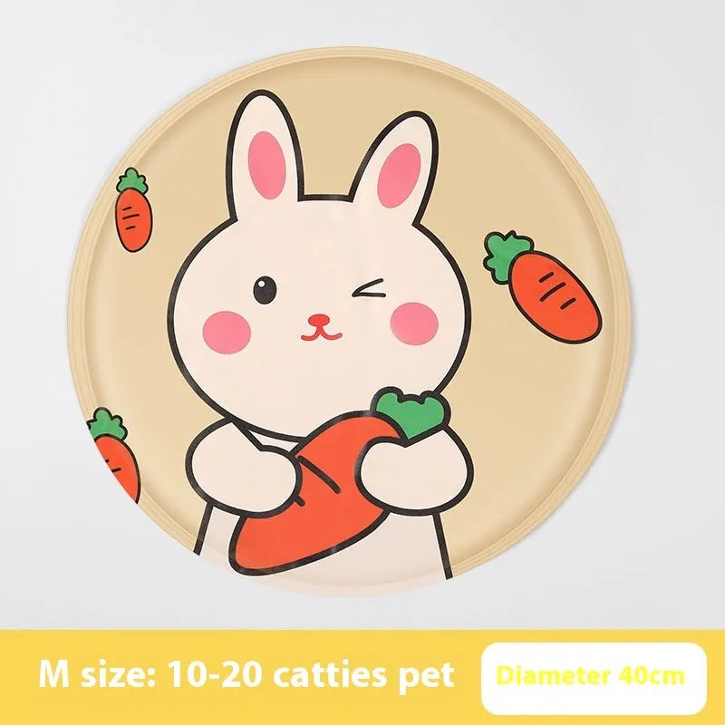 Round pet cooling ice pad with cartoon corgi design on blue background, showing 50cm diameter size.