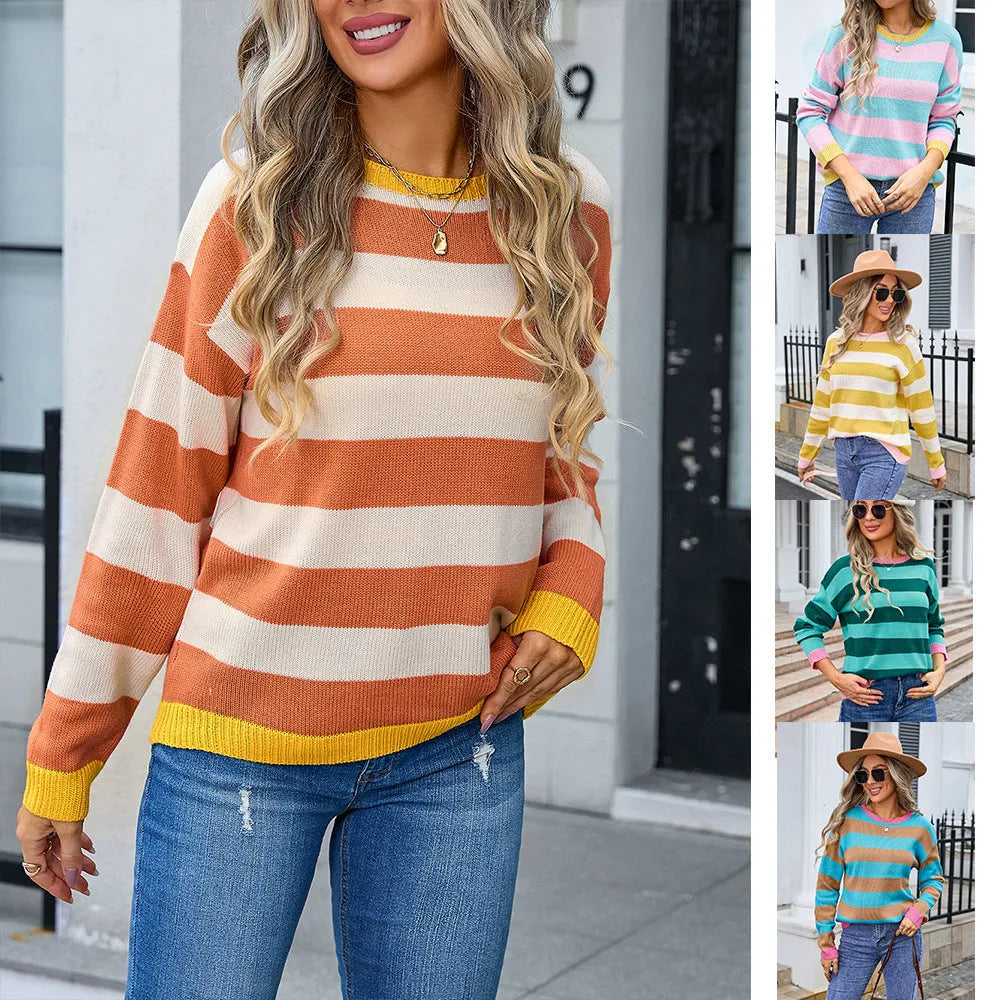 Women's loose striped acrylic sweater in blue colour with round neckline and long sleeves