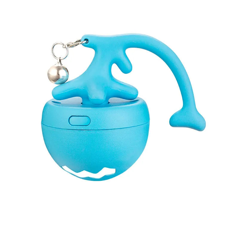 USB electric cat teasing ball with fish bone-shaped roller and replaceable teasing stick in blue, pink, and yellow colours