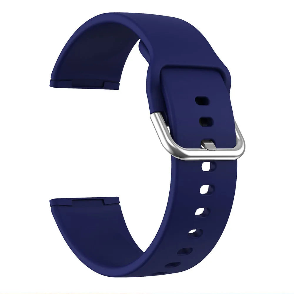 Silicone replacement strap with silver buckle for Fitbit Versa 3 and Sense 2 in multiple solid colours.