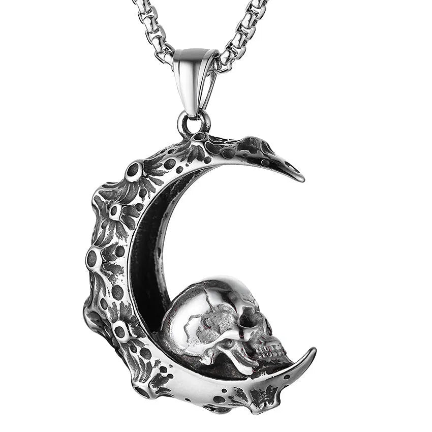 Men's silver skull necklace with stainless steel chain and six different alloy pendant designs