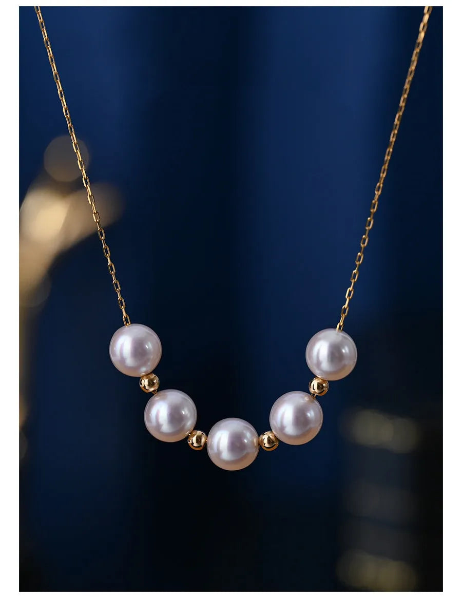 Sky Star 18K gold pearl necklace with round sea pearl 7.5-8mm and adjustable 45cm chain on white background
