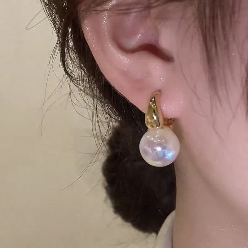 Mermaid pearl earrings for women copper clip on U shape 14K gold colour with white pearl centre
