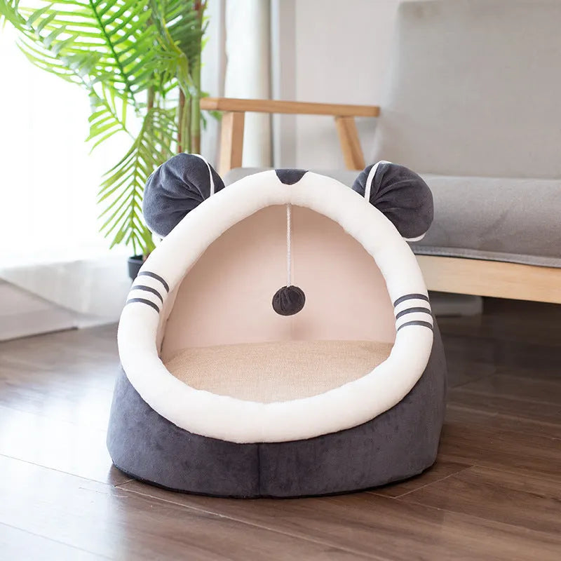 Enclosed cat litter kennel with plus velvet lining in camel colour, side view with mat included