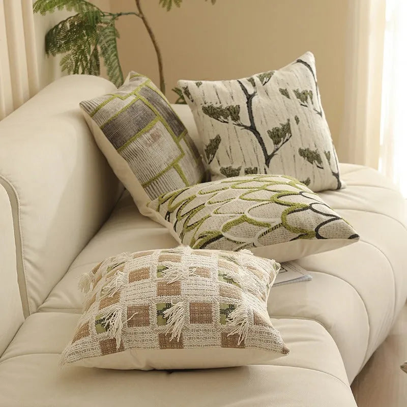 45cm square Jacquard cushion cover with Nordic plant and flower pattern in a retro colour.
