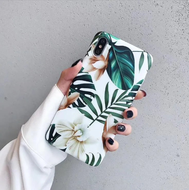Floral banana leaf art soft TPU phone case for iPhone on white background